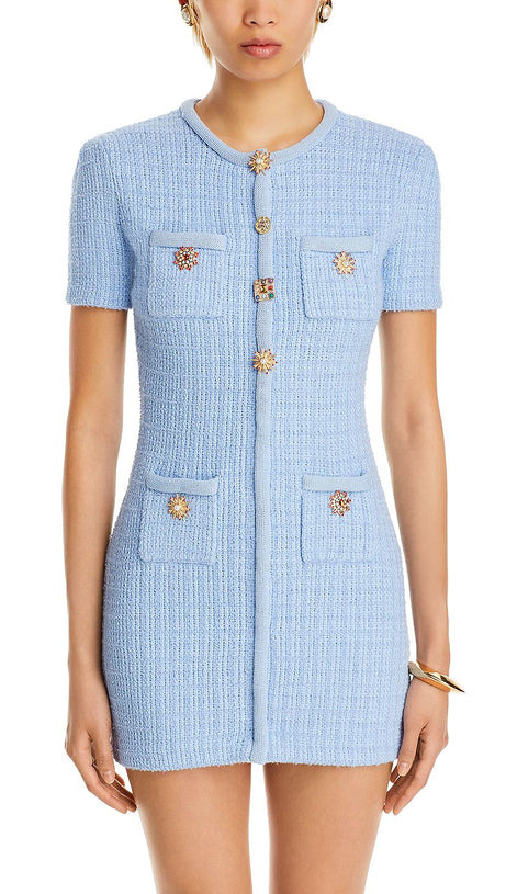 MODESTY BEADED BUTTON KNIT MINI DRESS IN BLUE