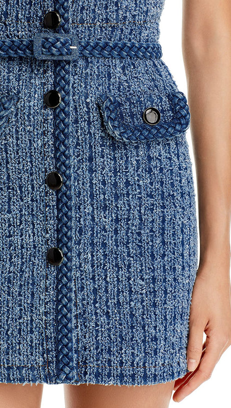 PATRICIA BRAIDED TRIM TEXTURED DRESS IN BLUE