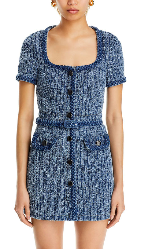 PATRICIA BRAIDED TRIM TEXTURED DRESS IN BLUE