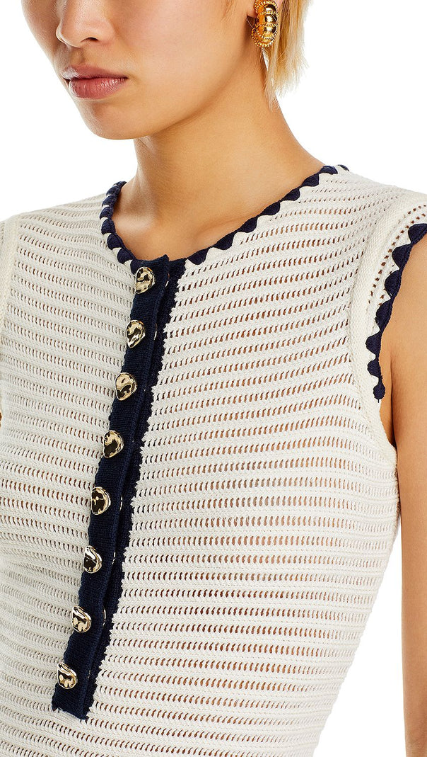 PANDORA 8-BUTTON WHITE SLEEVELESS CROCHET MINI DRESS