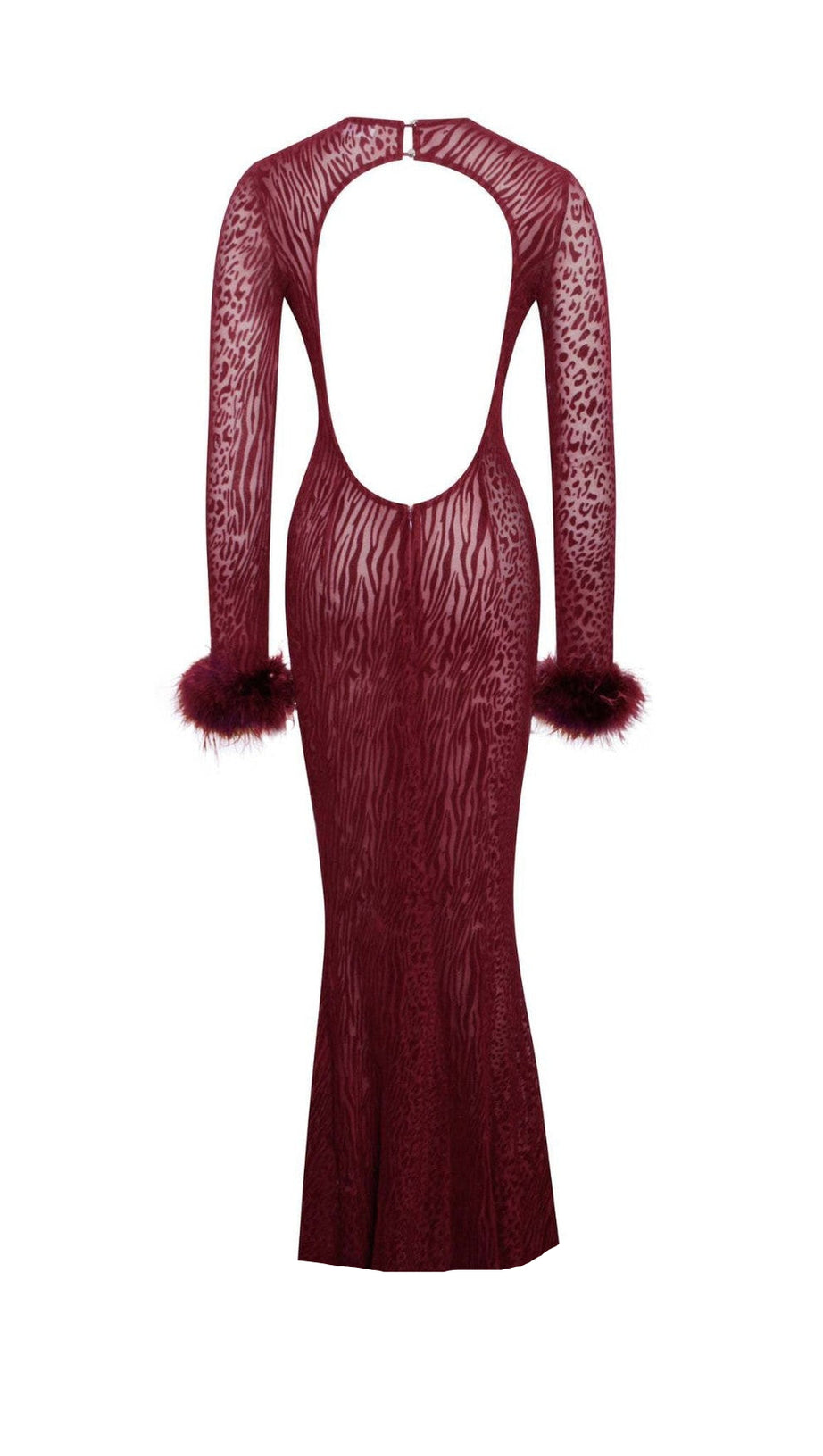 BURGUNDY MESH FEATHER MAXI DRESS