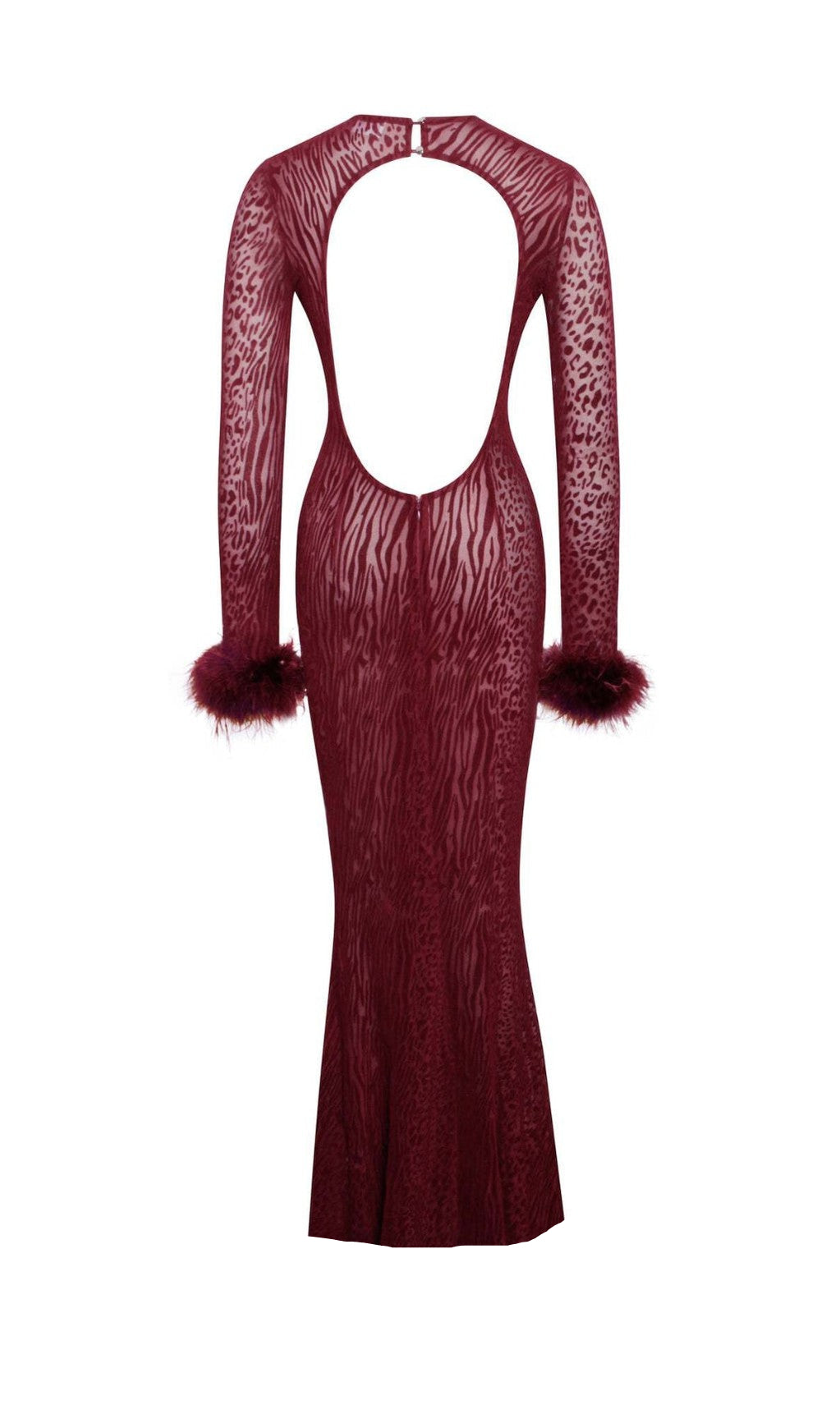 BURGUNDY MESH FEATHER MAXI DRESS