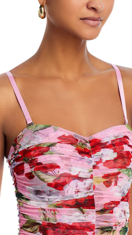 CAPRICE MULTICOLOR FLORAL MESH MIDI DRESS