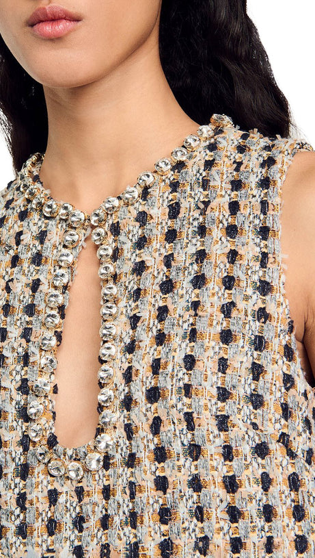 POPPY RHINESTONE-EMBELLISHED TWEED CAMEL MINI DRESS