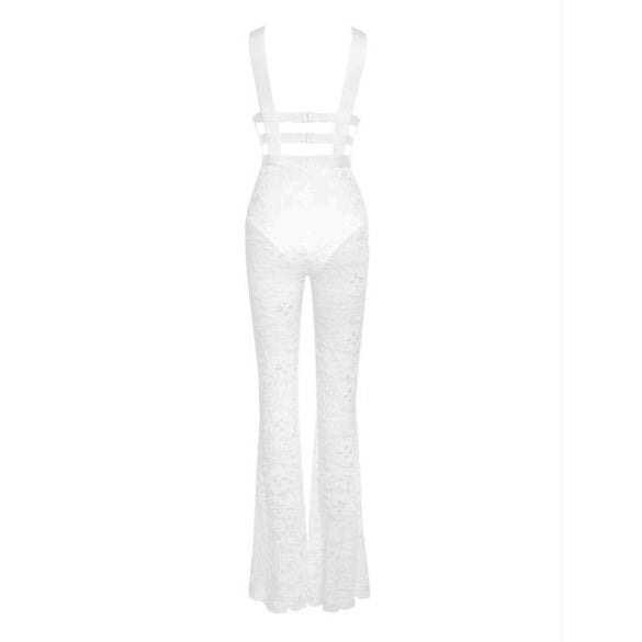 WHITE HALTER NECK LACE JUMPSUIT