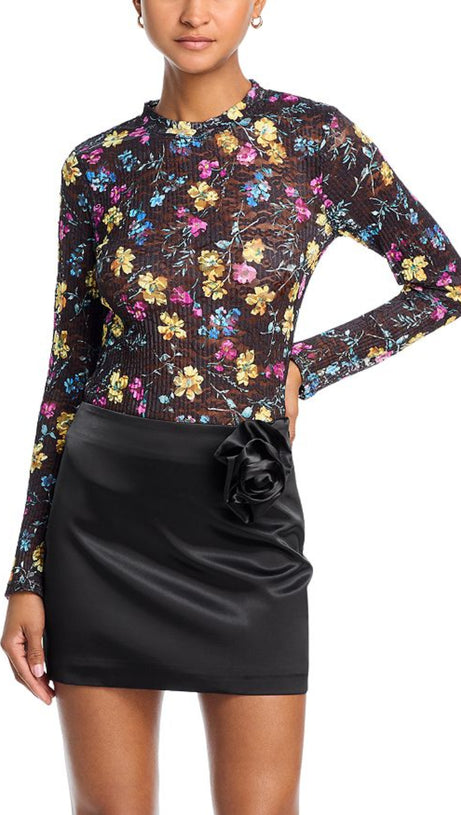 FLORAL PUCKERED LACE TOP IN BLACK MULTI