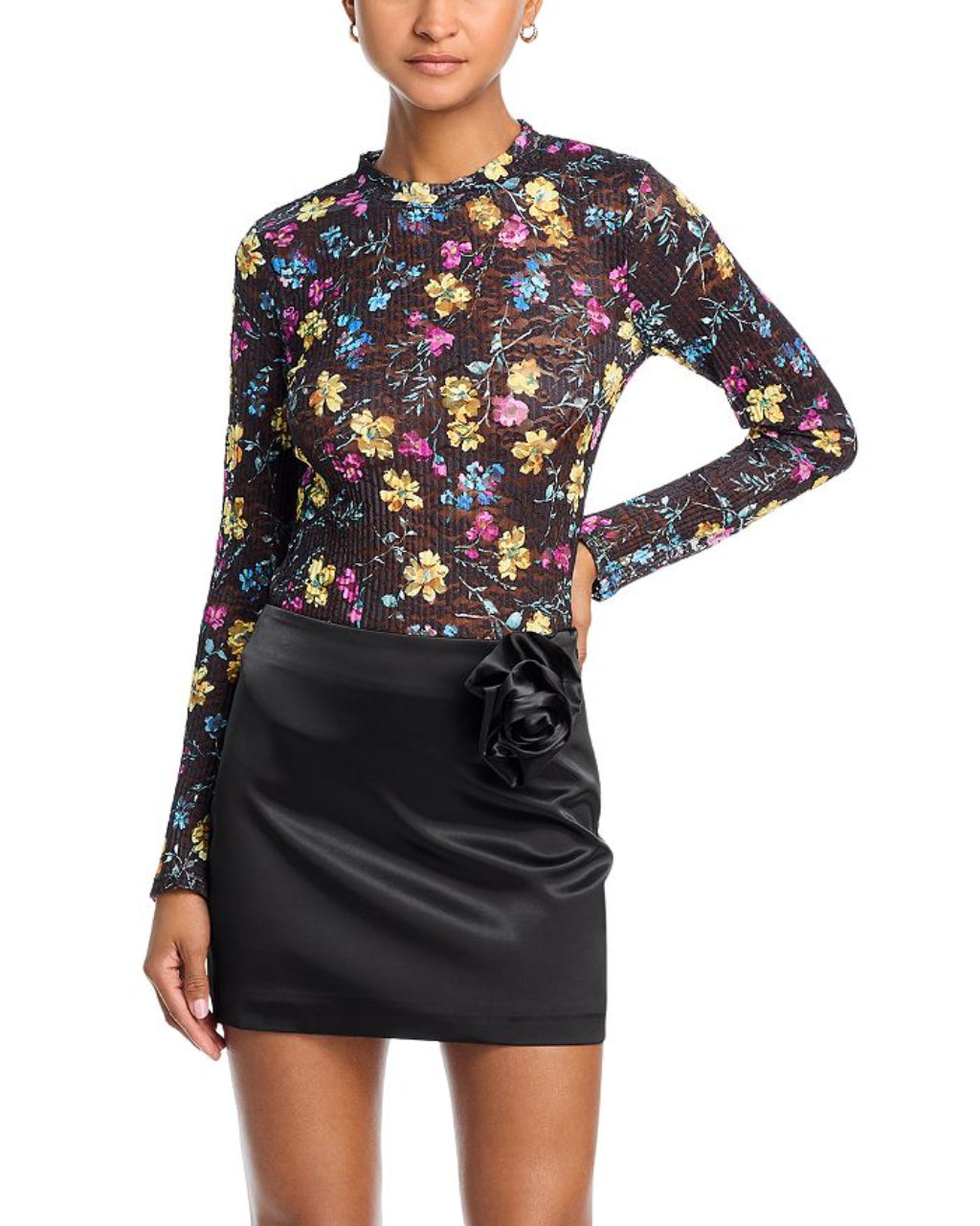 FLORAL PUCKERED LACE TOP IN BLACK MULTI