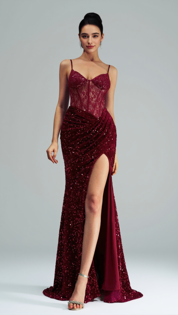 AIIZIE BELINDA LACE CORSET SEQUIN MAXI DRESS IN RED - product image