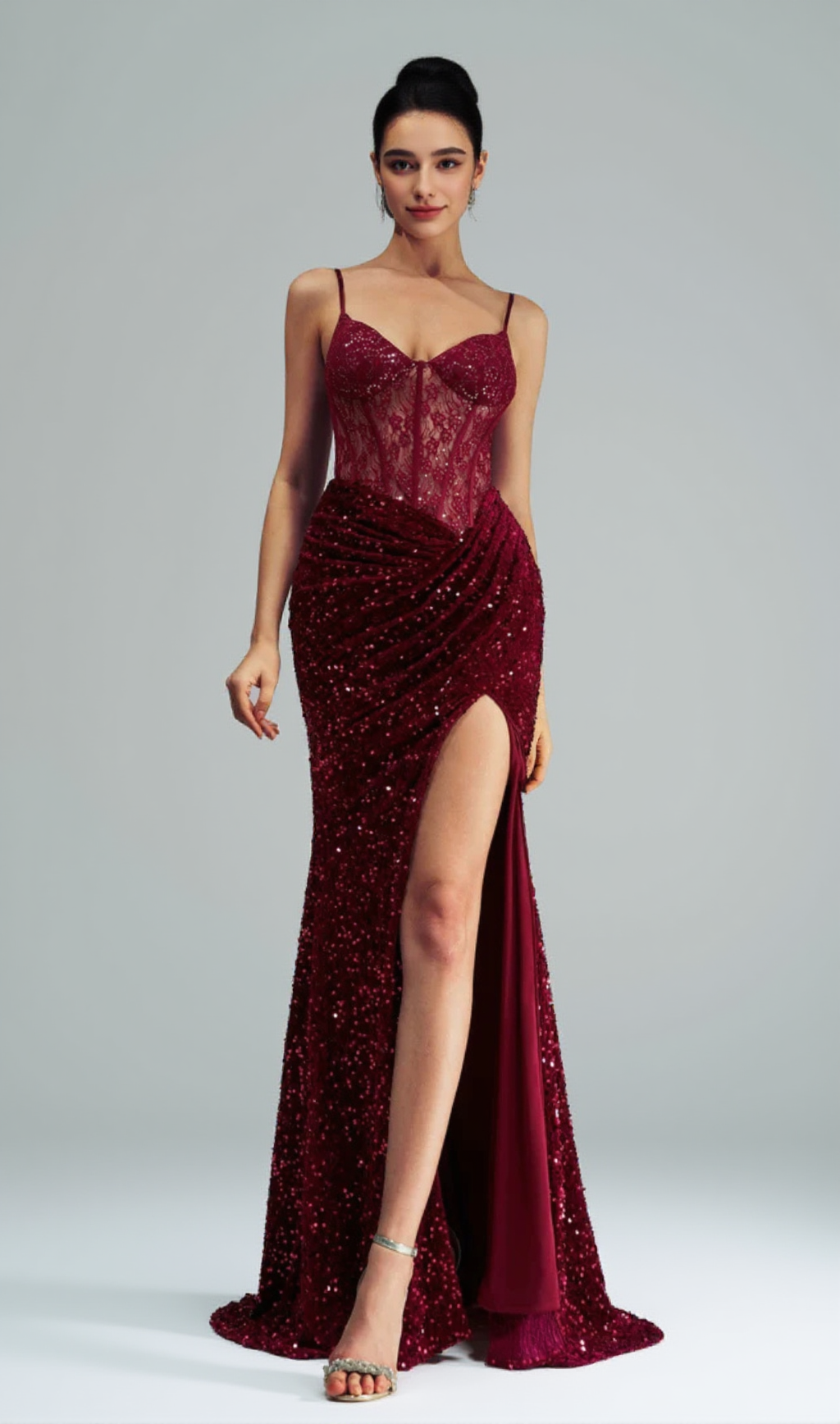 BELINDA LACE CORSET SEQUIN MAXI DRESS IN RED