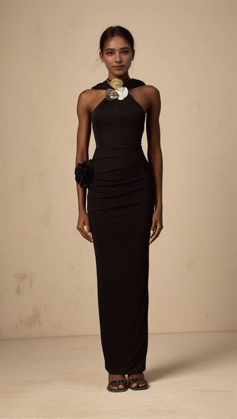 ABITO MIDI CON CAPPUCCIO E FIORI 3D IN METALLO TAMMY NERO