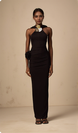 tammy Metal 3D Flower Hooded Midi Dress in black