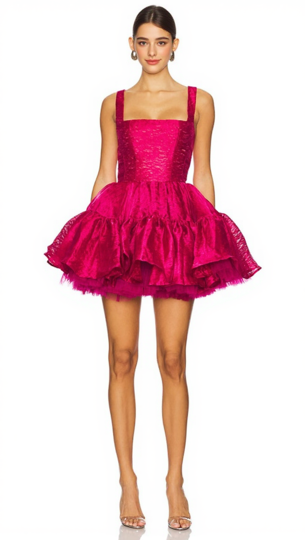 AIIZIE SHIRLEY RUFFLE MINI DRESS IN ROSE RED - product image
