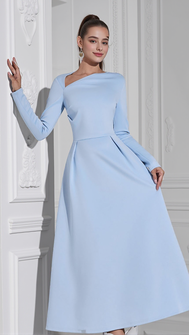 AIIZIE LONG SLEEVE SATIN A-LINE MAXI DRESS IN BLUE - product image