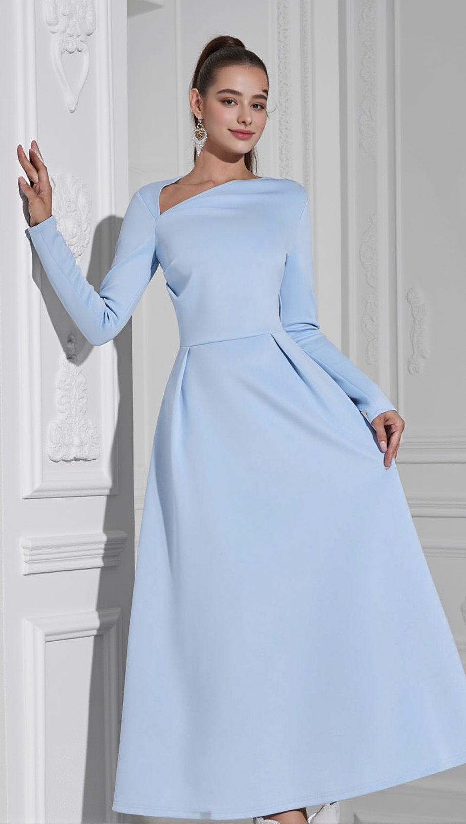 LONG SLEEVE SATIN A-LINE MAXI DRESS IN BLUE