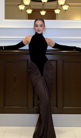 velvet mesh patchwork maxi dress in black