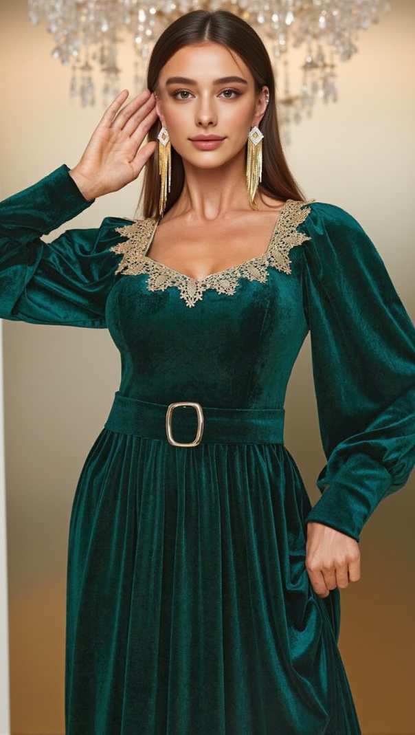 AIIZIE ATHENA VELVET LANTERN SLEEVE MAXI DRESS IN DARK GREEN - product image