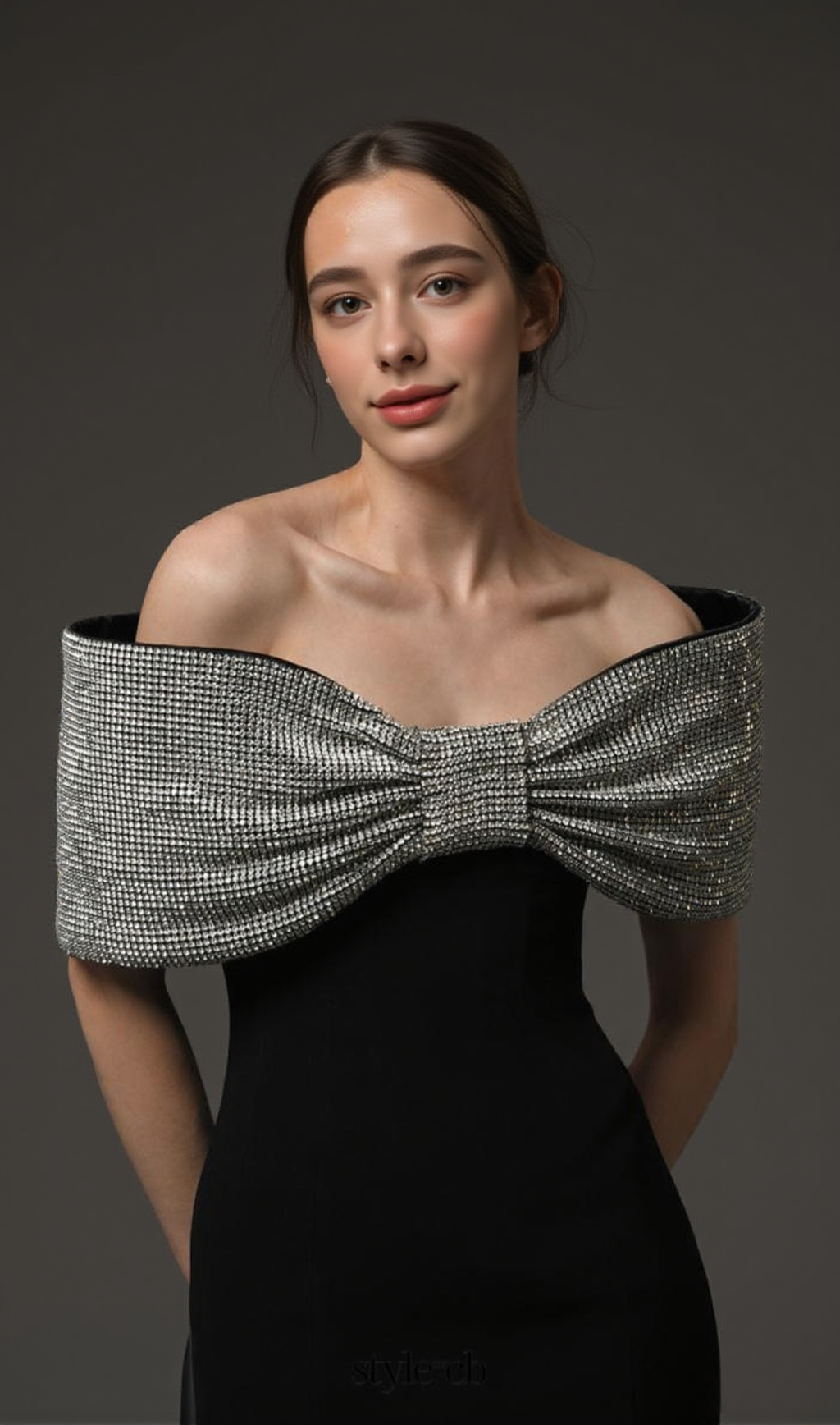 CRYSTAL BOW CRÊPE MAXI DRESS IN BLACK