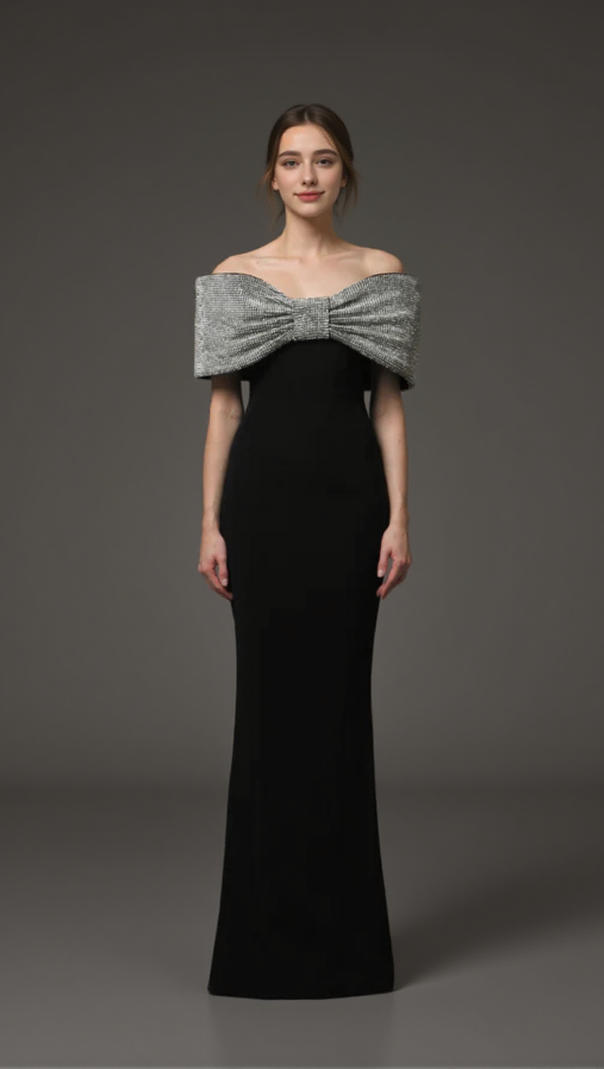 AIIZIE CRYSTAL BOW CRÊPE MAXI DRESS IN BLACK - product image