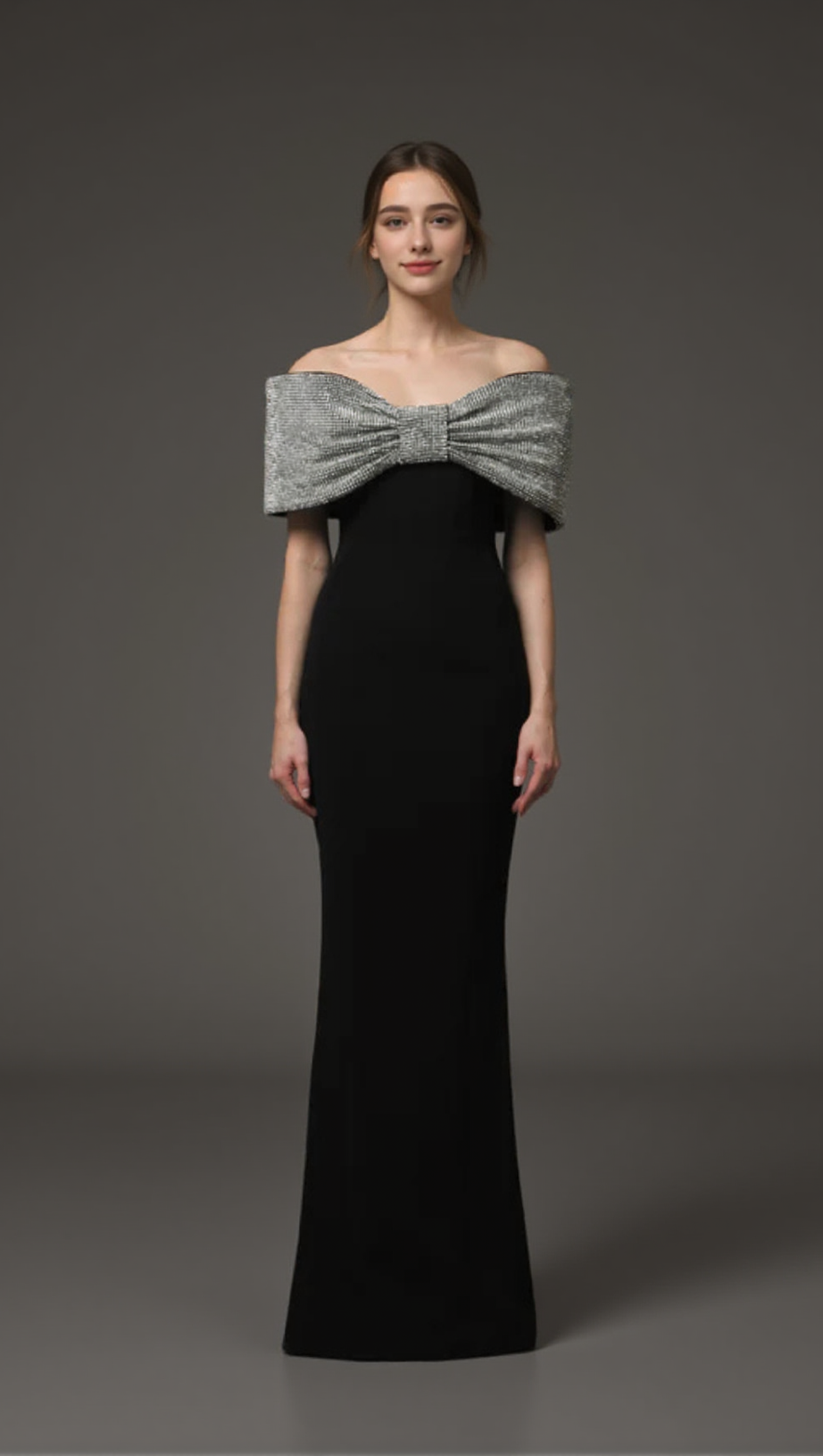 CRYSTAL BOW CRÊPE MAXI DRESS IN BLACK