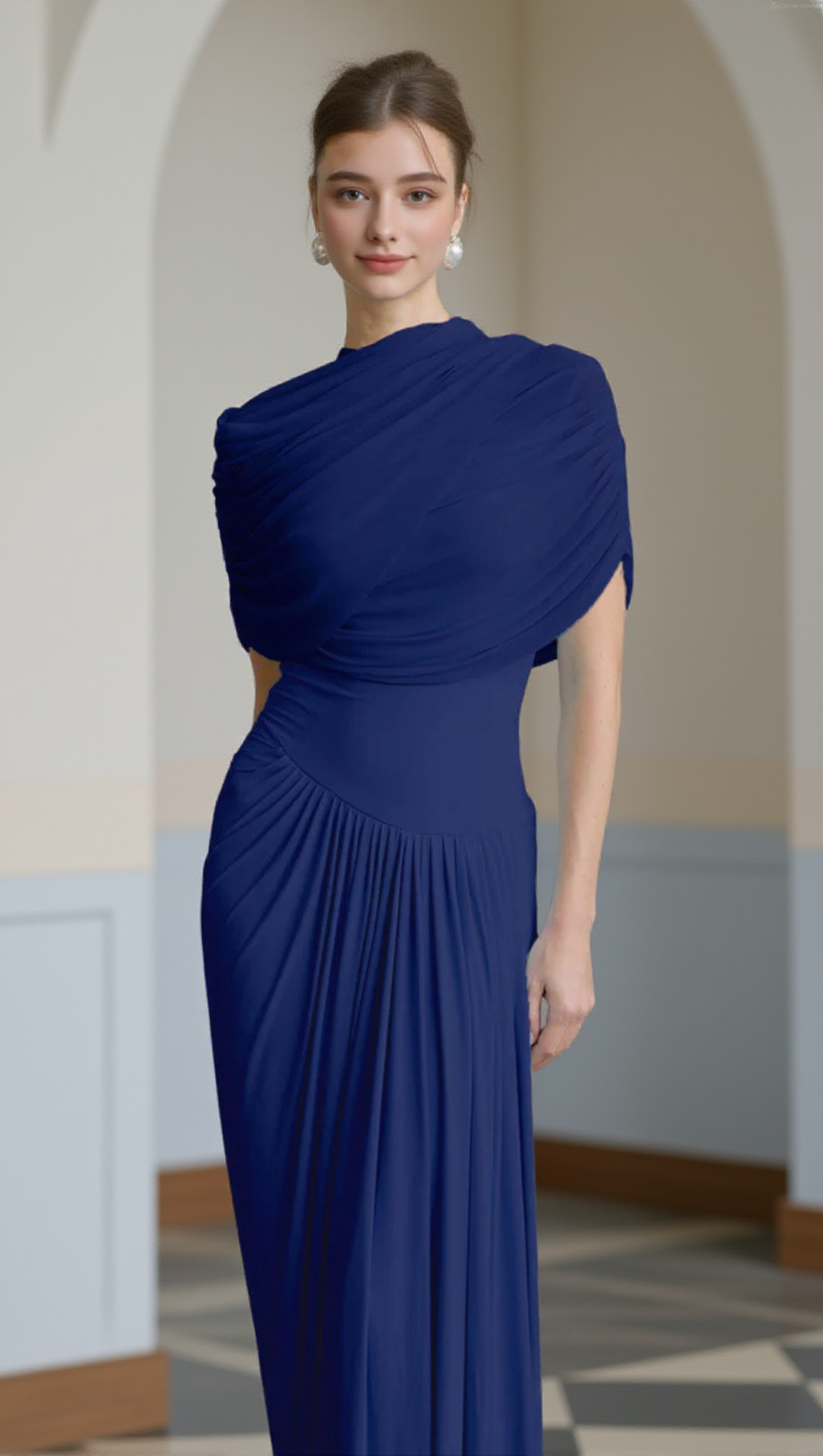 AAKIFA ASYMMETRIC DRAPED MAXI DRESS IN NAVY BLUE