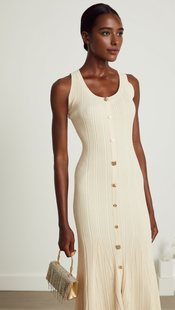AIIZIE BUTTON-EMBELLISHED RIBBED-KNIT MIDI DRESS IN APRICOT - product image