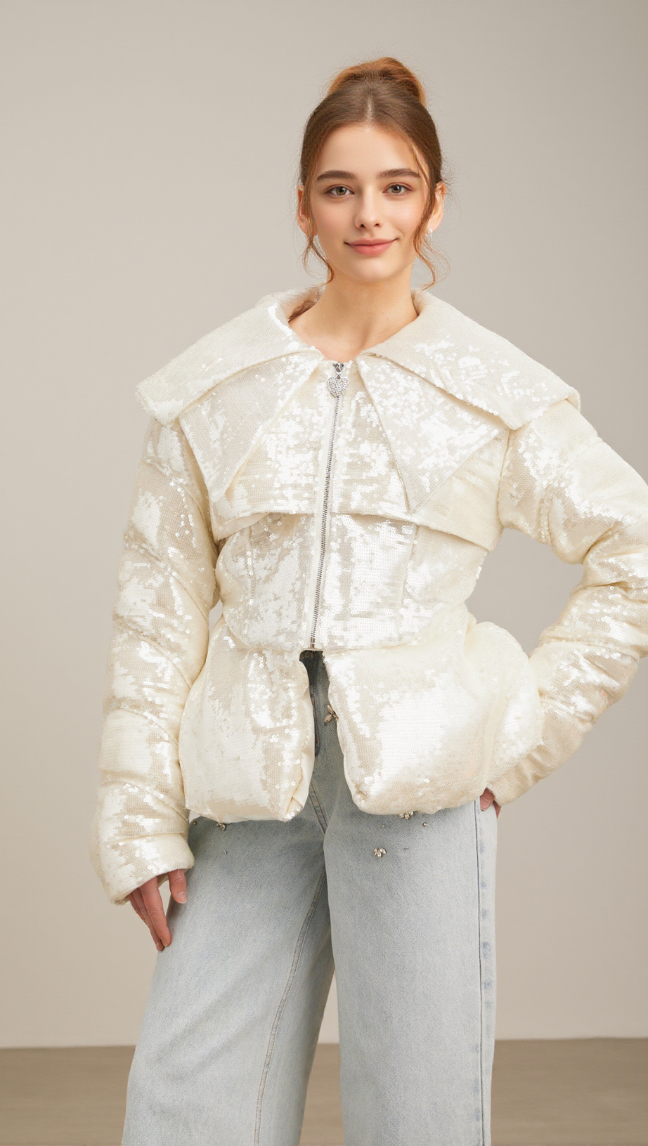 JOSLYN WHITE SEQUINED DOWN COAT