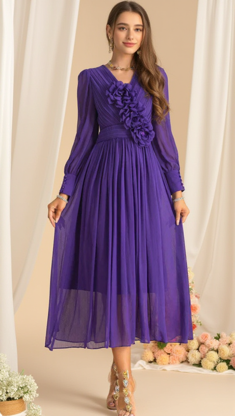 THREE-DIMENSIONAL FLOWER V-NECK PURPLE CHIFFON MAXI DRESS