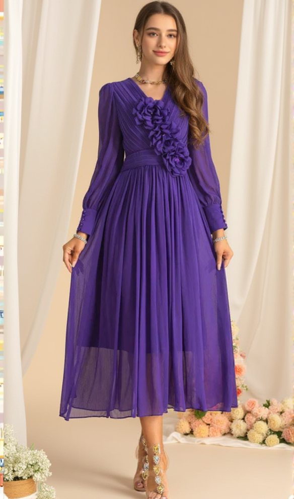 AIIZIE THREE-DIMENSIONAL FLOWER V-NECK PURPLE CHIFFON MAXI DRESS - product image