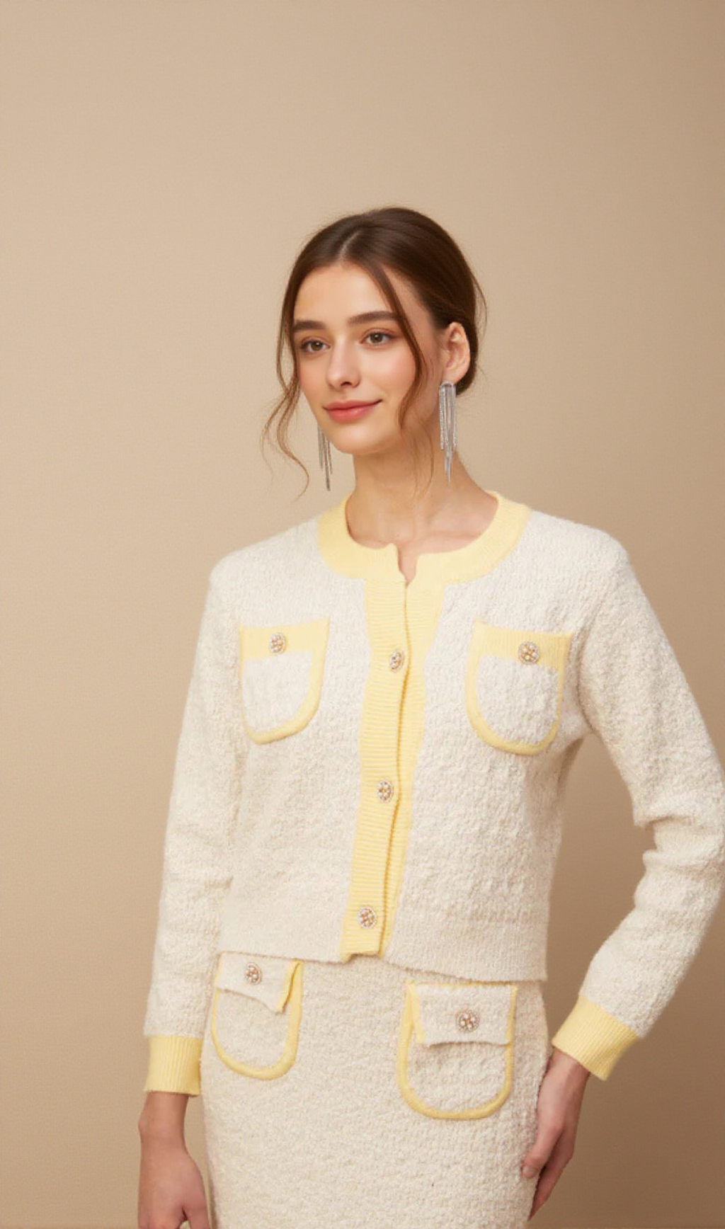 Jessie white textured knit cardigan & skirt matching set