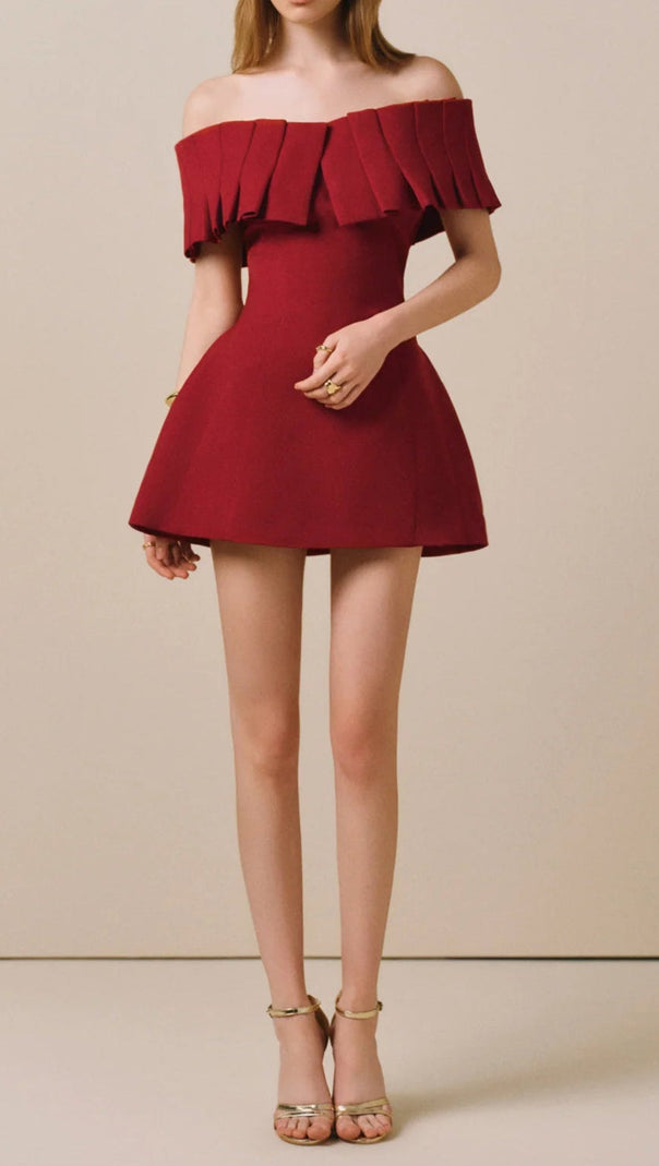 AIIZIE MARCIA OFF-SHOULDER PLEATED MINI DRESS IN RED - product image