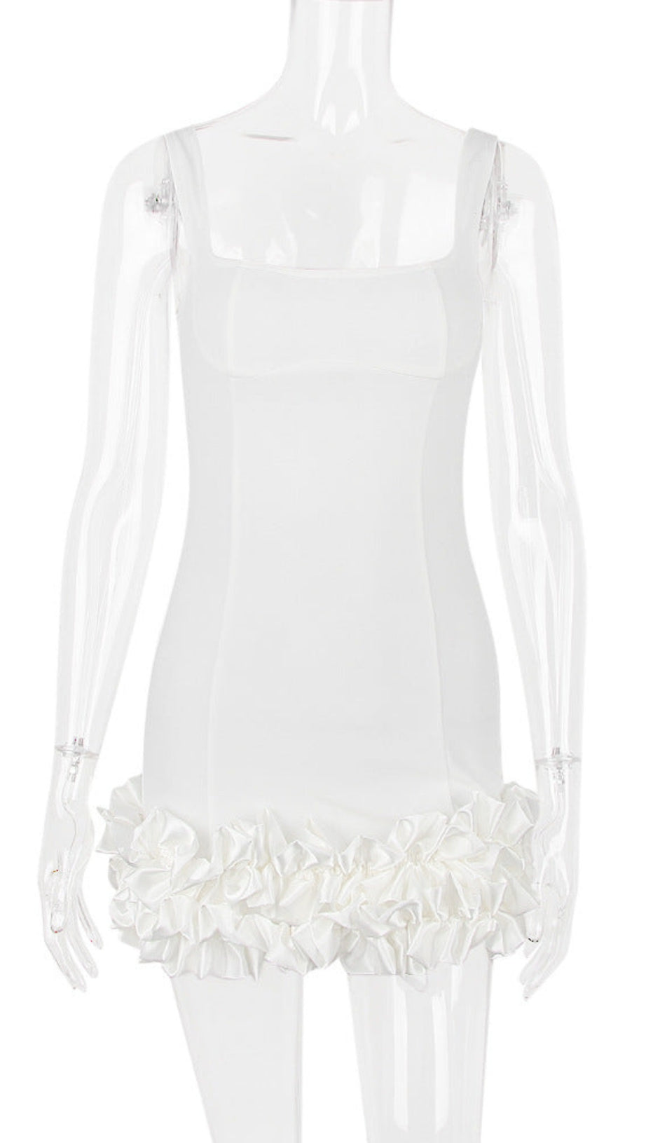 WHITE RUFFLE SATIN DRESS
