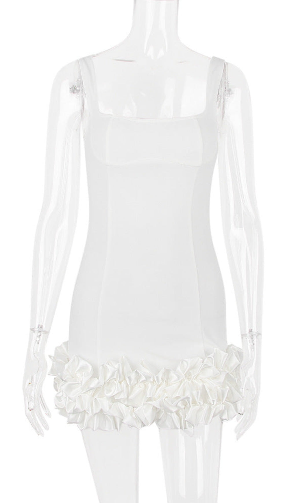 WHITE RUFFLE SATIN DRESS