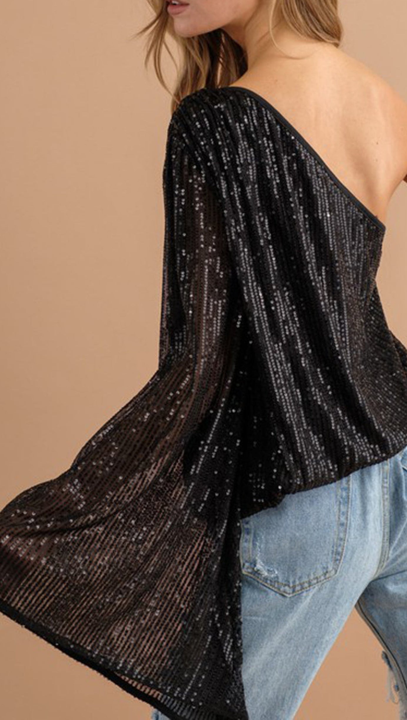 SEQUIN ONE SHOULDER BELL SLEEVE TOP