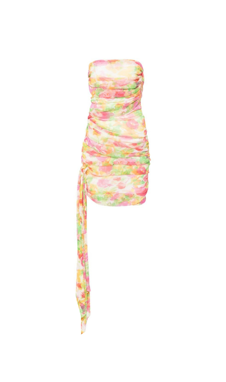 STRAPLESS FLORAL-PRINT RUCHED MINI DRESS