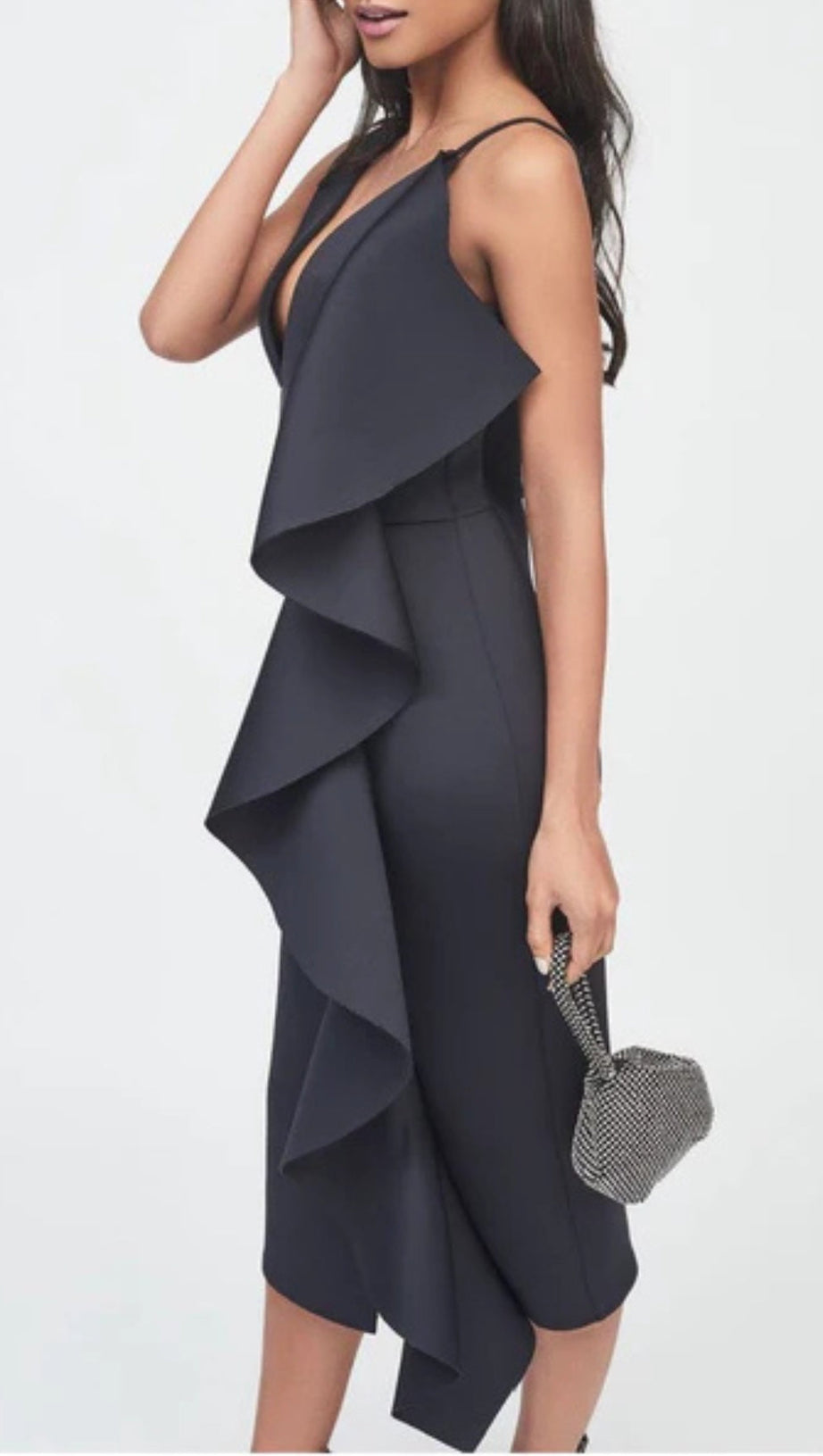 ASYMMETRIC DRAPED FRILL SCUBA DRESS