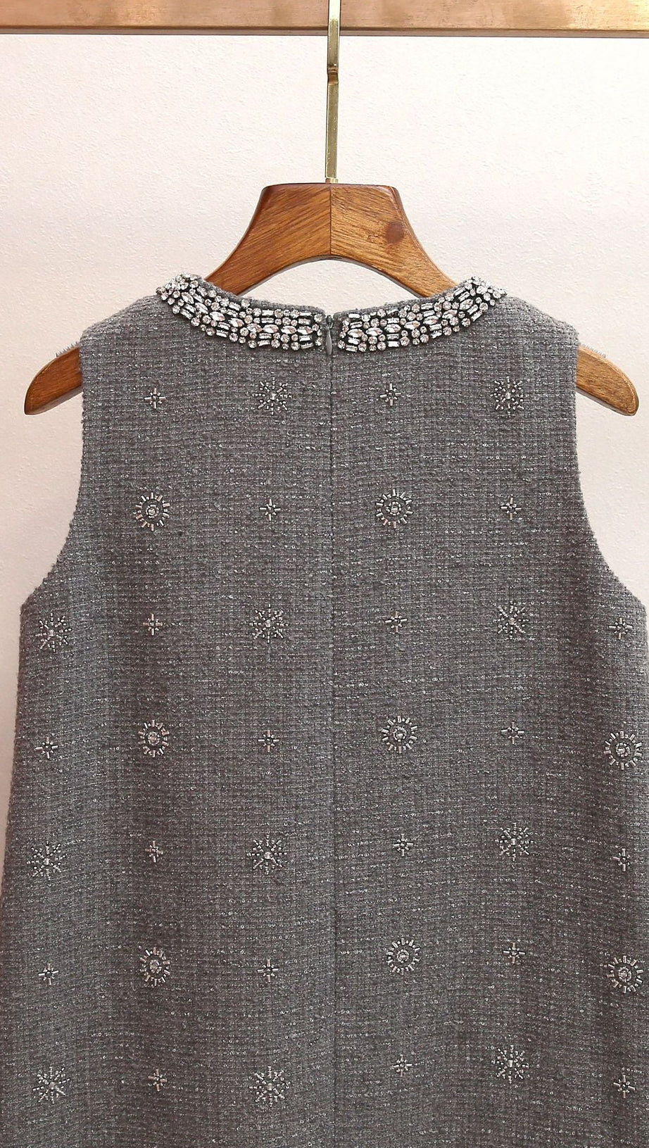 HASANA SPARKLING GREY TWEED SLEEVELESS MINI DRESS WITH CRYSTAL EMBELLISHMENTS