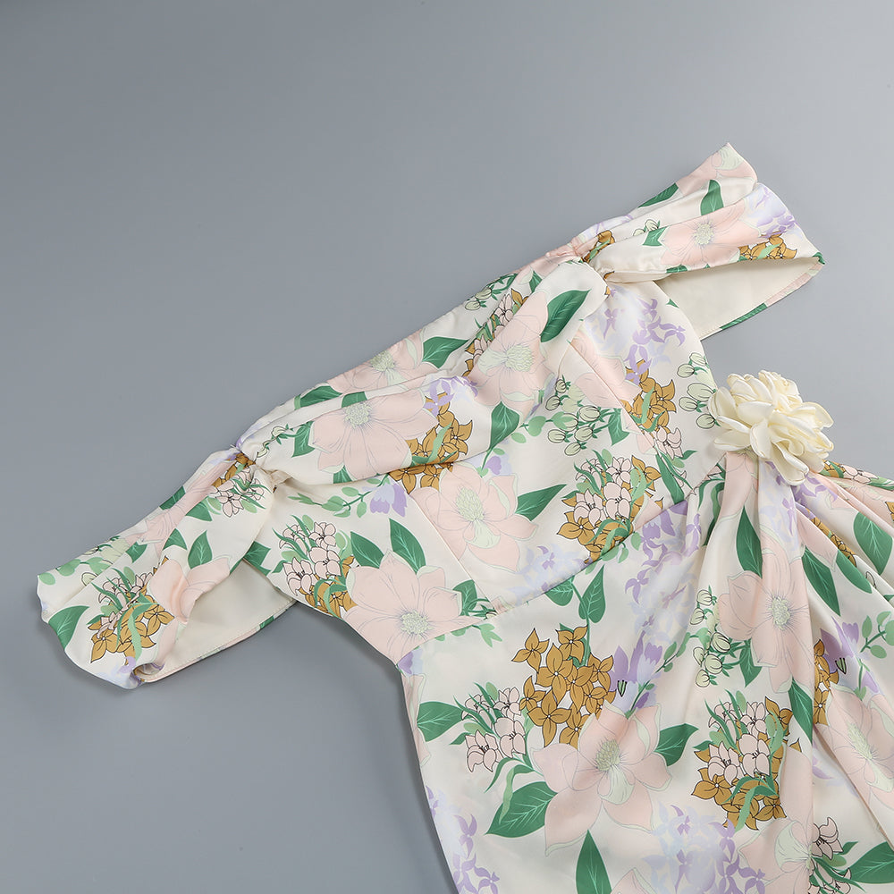 ABITO CORTO ASIMMETRICO CON STAMPA FLOREALE E SPALLE SCOPERTE