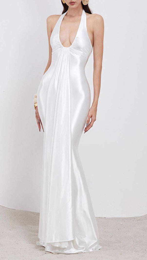 AIIZIE ISLA WHITE SATIN HALTER MAXI DRESS - ELEGANT EVENING & WEDDING GOWN - product image