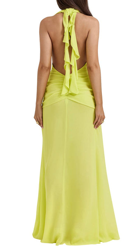MAÉVA HALTER NECK SLIT PLUNGE NECK MAXI DRESS IN GREEN