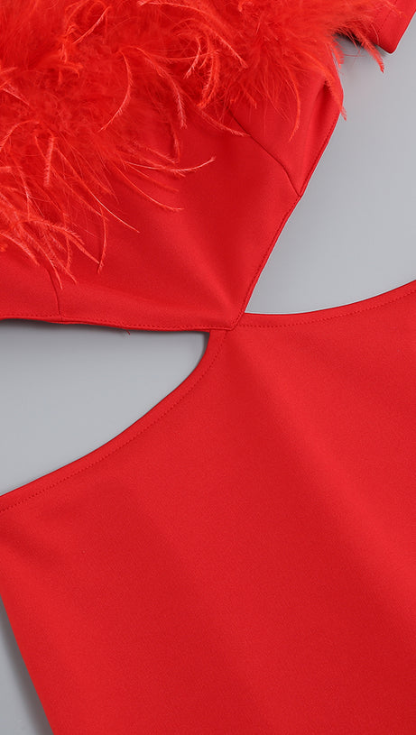OFF-SHOULDER FEATHER PANEL RED DRESS