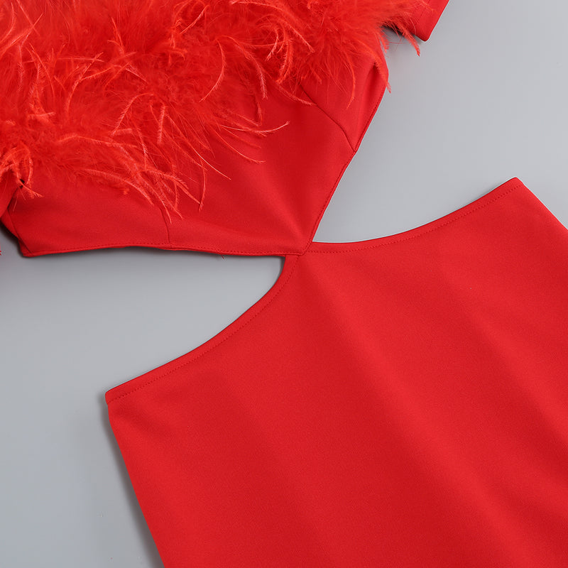 Off-shoulder feather panel red dress