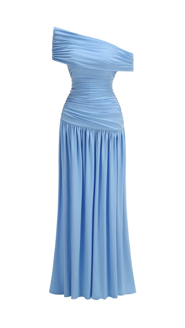 Josefa Sky Blue Ruched Off-Shoulder Maxi Dress with High Slit