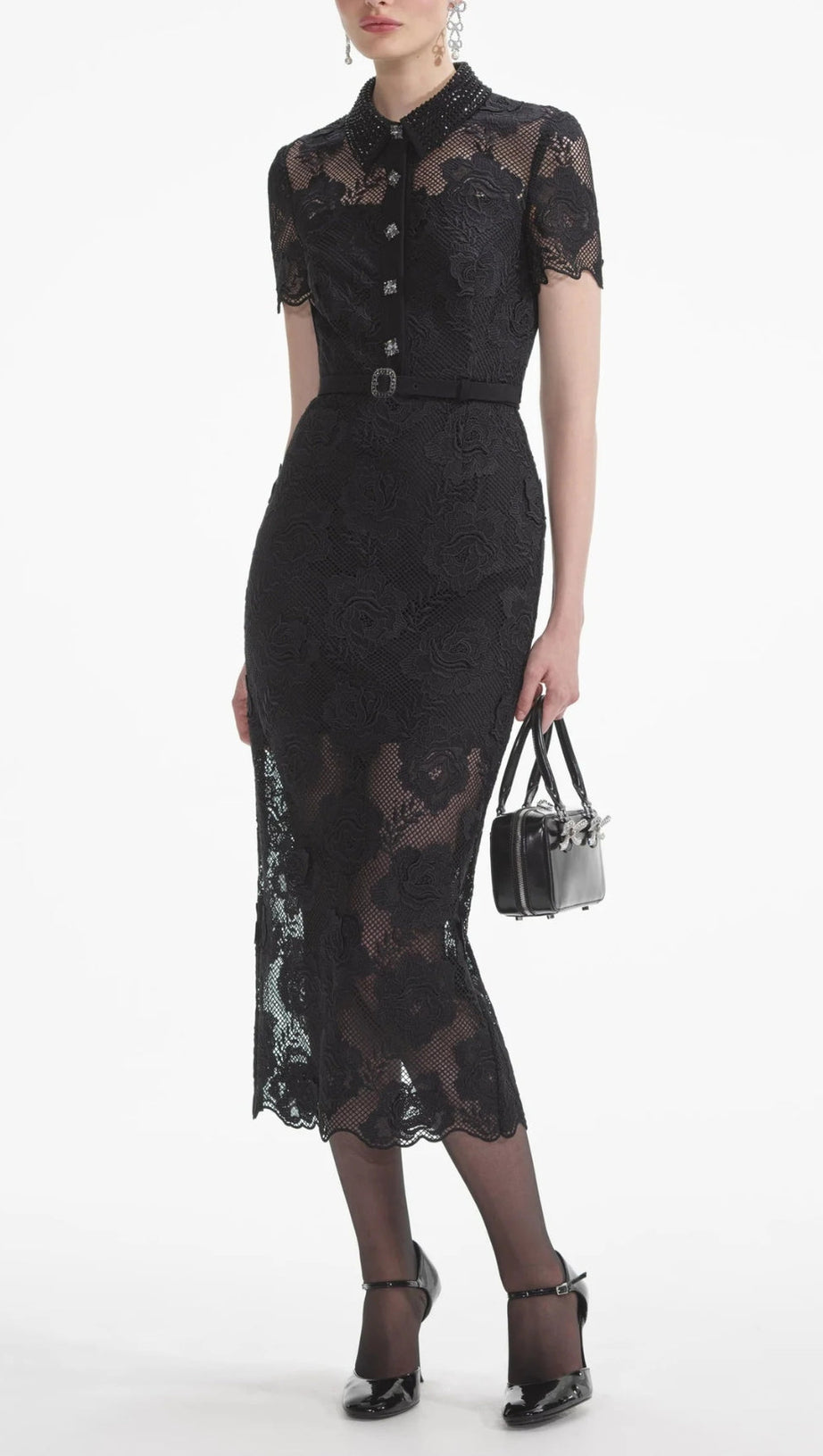 BLACK LACE DIAMANTE MIDI DRESS