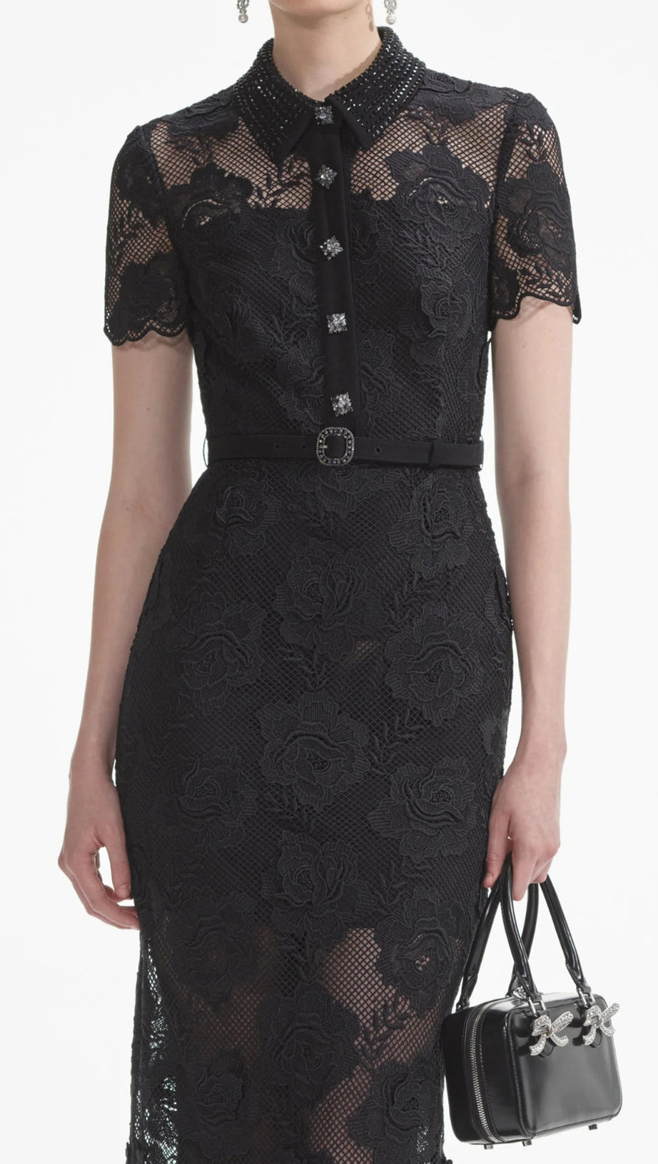 BLACK LACE DIAMANTE MIDI DRESS