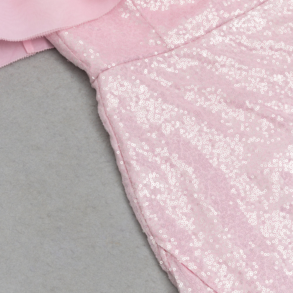 AIIZIE ELVA PINK RUFFLE TRIM HIGH SLIT SEQUIN MIDI DRESS - product image