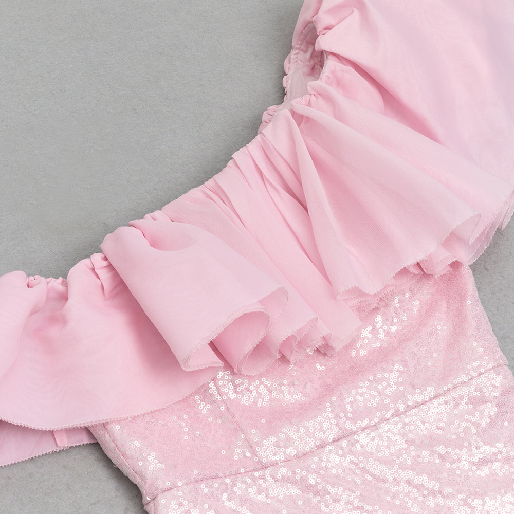 AIIZIE ELVA PINK RUFFLE TRIM HIGH SLIT SEQUIN MIDI DRESS - product image