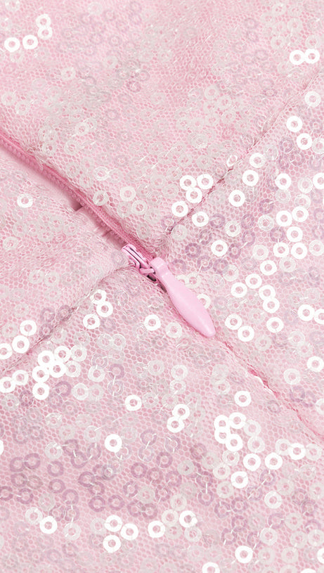 ELVA PINK MIDIKLEID MIT RÜSCHENBESATZ UND HOHEM SCHLITZ UND PAILLETTEN