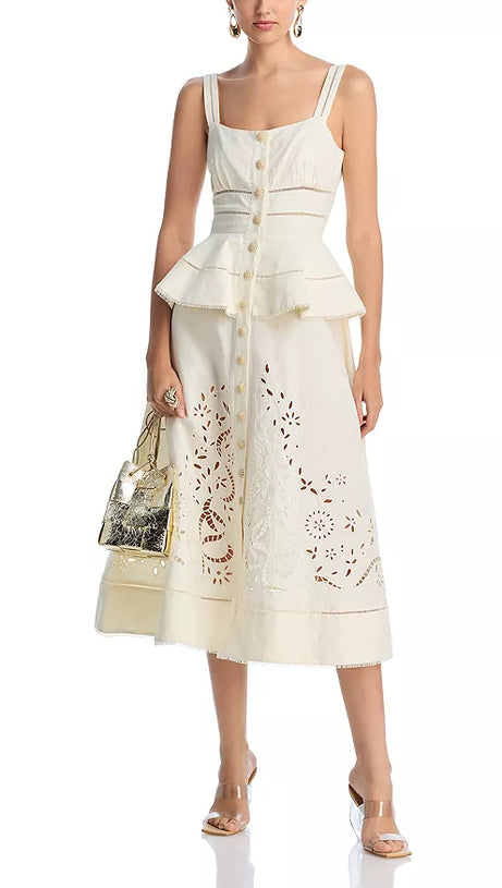 PEPLUM HOLLOW MIDI DRESS IN BEIGE