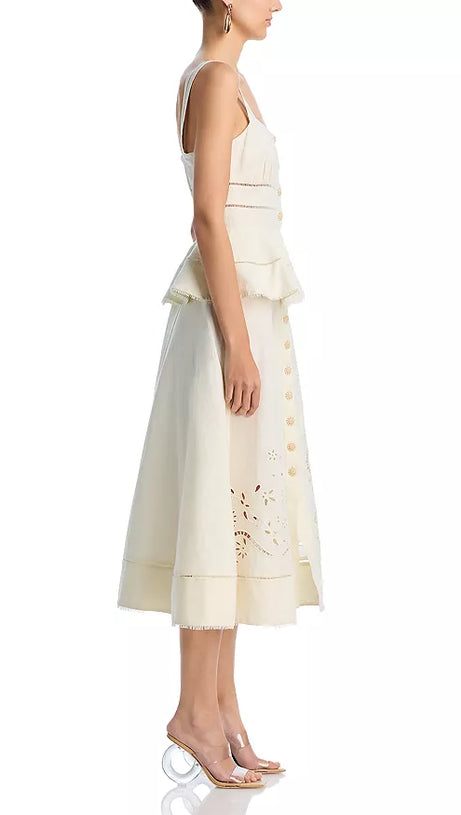 PEPLUM HOLLOW MIDI DRESS IN BEIGE