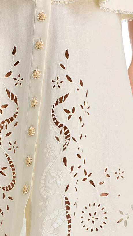 PEPLUM HOLLOW MIDI DRESS IN BEIGE